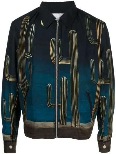 Endless Joy Blue Cactus Print Cotton Blouson Jacket