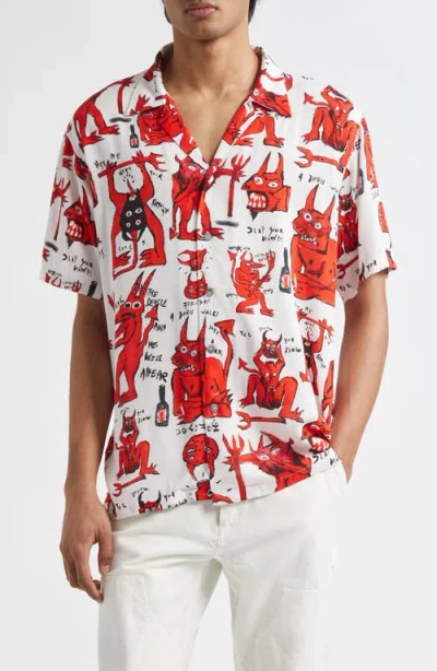 Endless Joy Devil Print Lenzing™ Ecovero™ Viscose Button-up Shirt In White