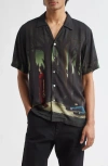Endless Joy In The Pines Border Silk Twill Button-up Shirt In Black Multi