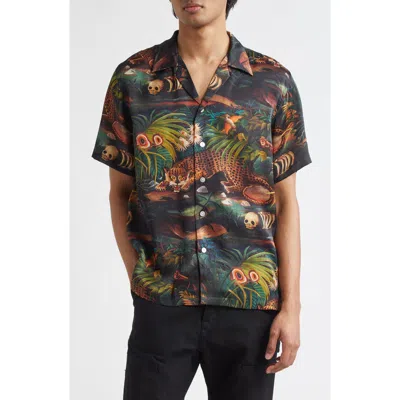 Endless Joy Jungle Print Silk Satin Camp Shirt In Black Multi