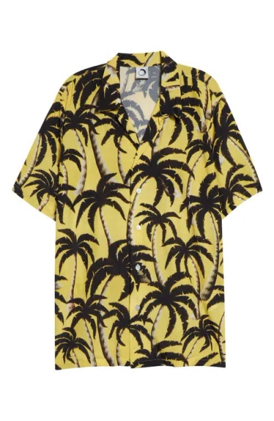 Endless Joy Palm Print Button-up Shirt In Yellow