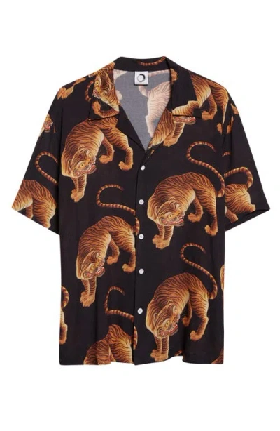 Endless Joy Tiger Print Crepe Camp Shirt In Brown