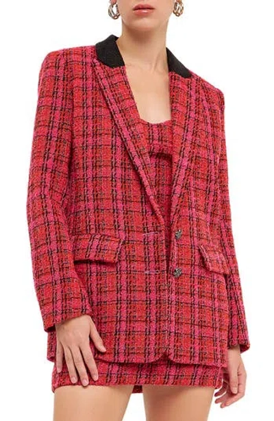 Endless Rose Accent Button Boucle Boyfriend Blazer In Multi