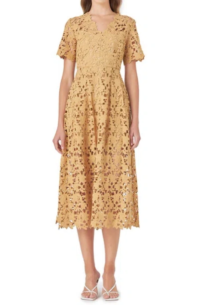 Endless Rose Allover Lace Midi Dress In Tan