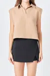 Endless Rose Boxy Collared Cap Sleeve Top In Beige