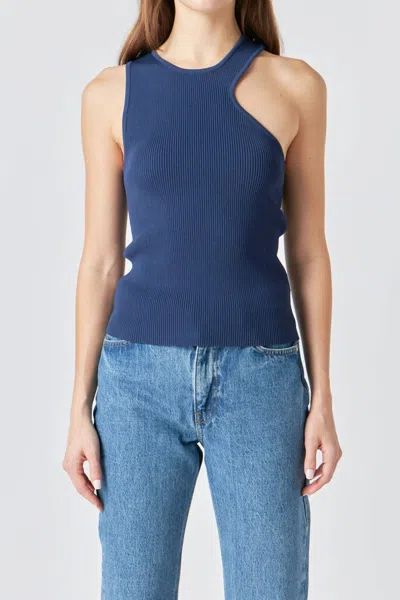 Endless Rose Asymmetric Cutout Rib Knit Tank Top In Navy Blue