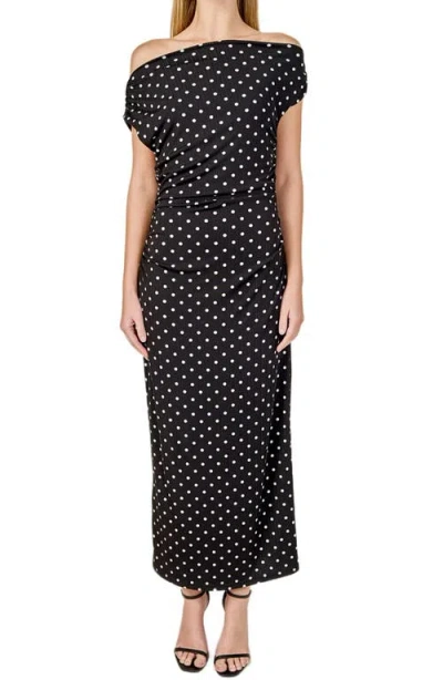 Endless Rose Asymmetric Polka Dot Column Dress In Black