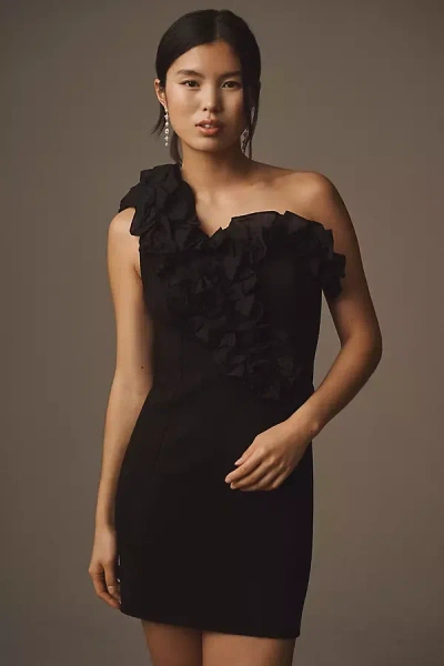 Endless Rose Asymmetrical Ruffled One-shoulder Stretch Mini Dress In Black