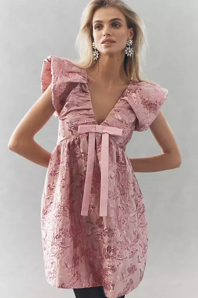 Endless Rose Babydoll Jacquard Bow Mini Dress In Pink
