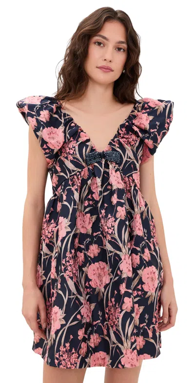 Endless Rose Beaded Bow Floral Jacquard Mini Dress Dark Navy/coral In Brown