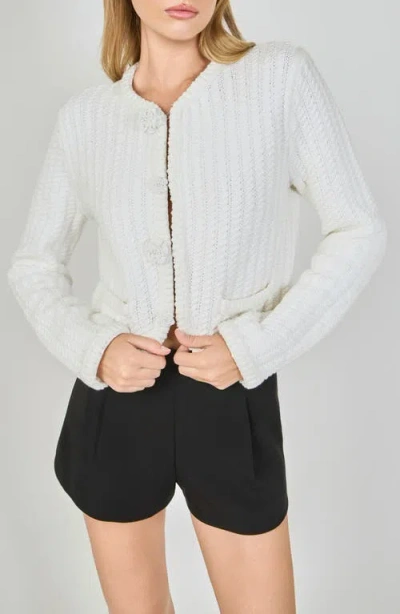 Endless Rose Beaded Flower Embellishment Cable Knit Pointelle Sweater In White