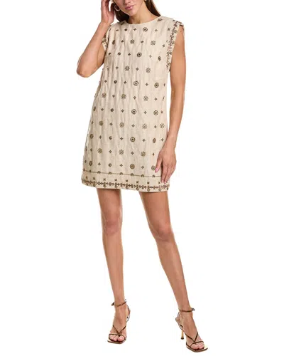 Endless Rose Beaded Linen-blend Mini Dress In Neutral