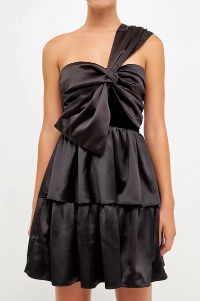 Endless Rose Velvet Contrast Satin Bow Tie One-shoulder Minidress In Black