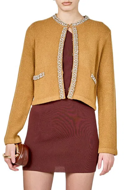 Endless Rose Bouclé Jewel Trim Cardigan In Mocha