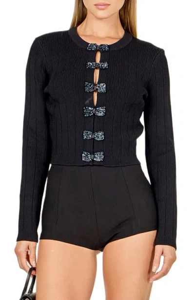 Endless Rose Bow Detail Crop Rib Cardigan In Black