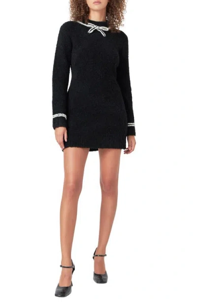 Endless Rose Bow Detail Long Sleeve Sweater Dress In Black
