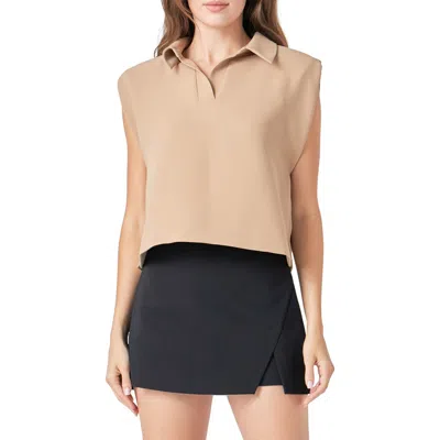 Endless Rose Boxy Collared Cap Sleeve Top In Beige