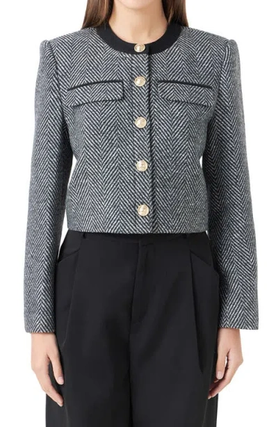 Endless Rose Boxy Herringbone Blazer In Black/white