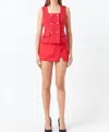Endless Rose Fringe Double Breasted Sleeveless Tweed Top In Red