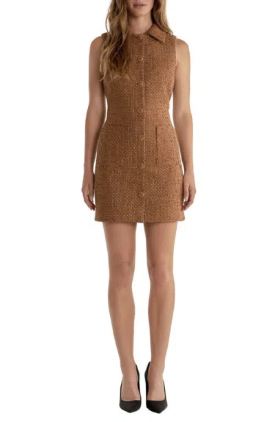 Endless Rose Button Front Tweed Minidress In Camel