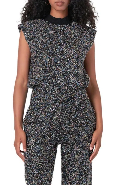 Endless Rose Cap Sleeve Bouclé Tweed Top In Black Multi