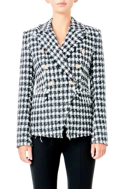 Endless Rose Check Tweed Double Breasted Blazer In Black