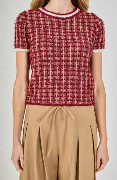 Endless Rose Check Tweed Sweater In Merlot Multi