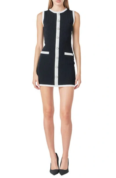 Endless Rose Colorblock Button Front Mini Sweater Dress In Black