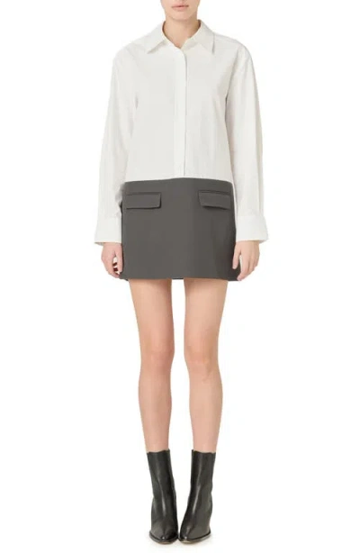 Endless Rose Colorblock Long Sleeve Shirtdress In White/charcoal