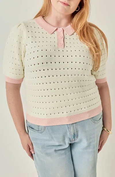 Endless Rose Colorblock Pointelle Short Sleeve Polo Sweater In Pink
