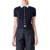 Endless Rose Contrast Collar Button Front Knit Top In Black