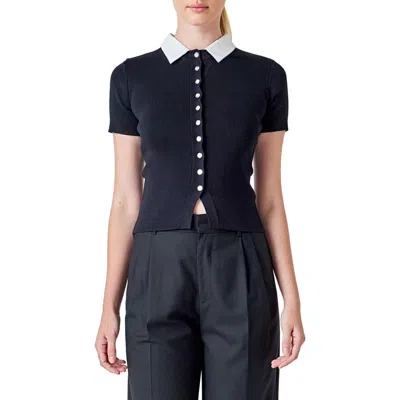 Endless Rose Contrast Collar Button Front Knit Top In Black/ivory