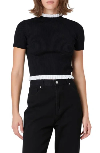 Endless Rose Contrast Ruffle Rib Knit Crop Top In Black