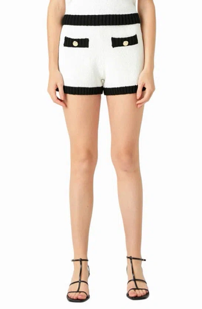 Endless Rose Contrast Trim Knit Shorts In Ivory/ Black