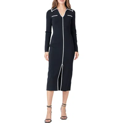 Endless Rose Contrast Trim Long Sleeve Knit Dress In Black