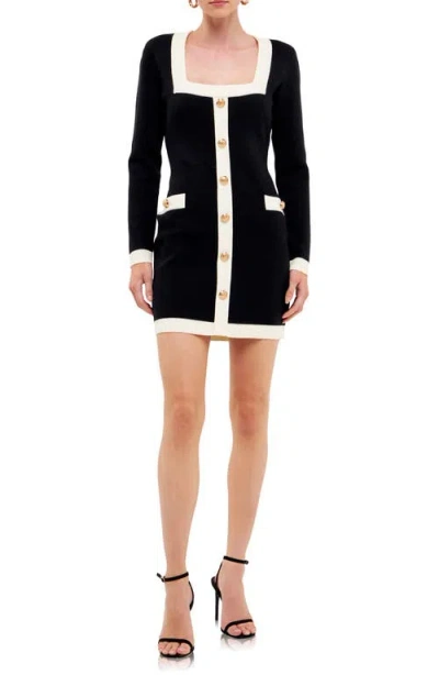 Endless Rose Contrast Trim Long Sleeve Knit Minidress In Black/cream