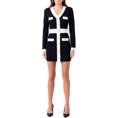 Endless Rose Contrast Trim Long Sleeve Rib Minidress In Black/white