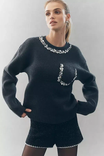 Endless Rose Crew-neck Embellished Pocket Sweater In Green