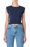 Endless Rose Cutout Padded Shoulder Crop Top In Navy