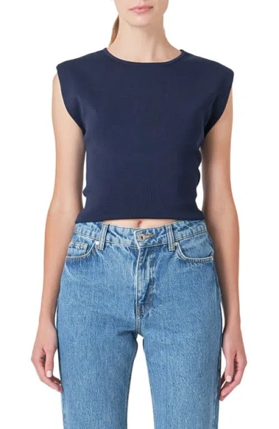 Endless Rose Cutout Padded Shoulder Crop Top In Navy