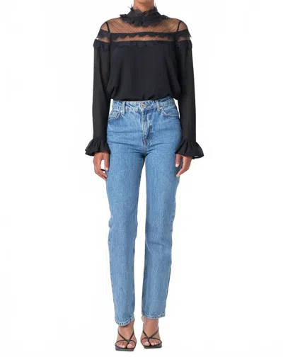 Endless Rose Date Night With Mesh Yoke Lace Trim Detail Blouse In Black