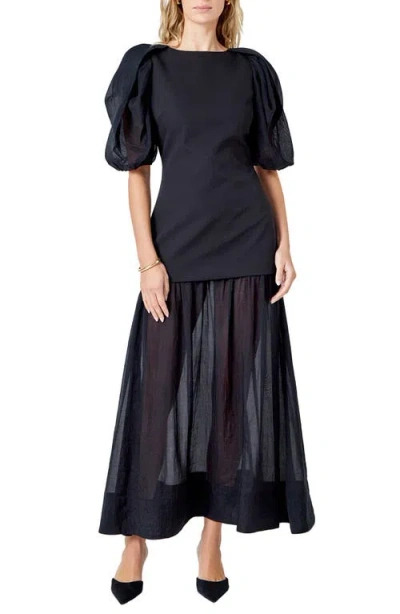 Endless Rose Drop Waist Puff Sleeve Maxi Dress In Black