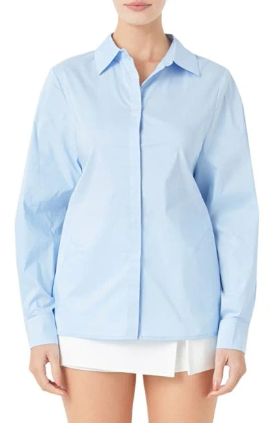 Endless Rose Elastic Back Detail Cotton Blend Button-up Shirt In Powder Blue