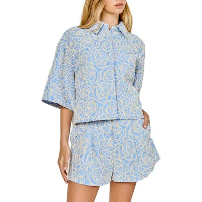 Endless Rose Embroidered Crop Cotton Blend Button-up Shirt In Blue