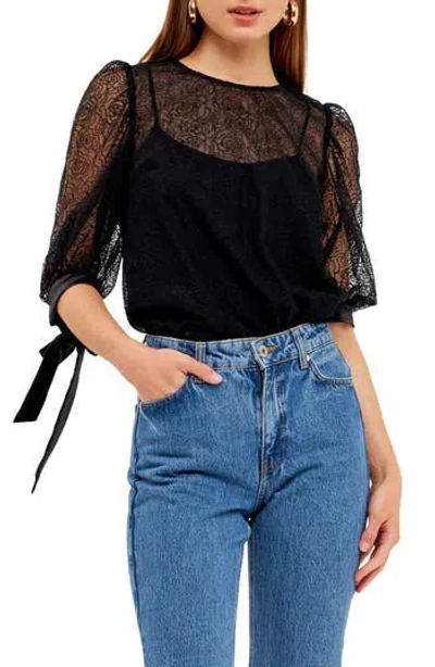 Endless Rose Embroidered Puff Sleeve Satin Top In Black