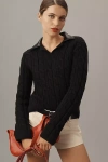 Shop Endless Rose Faux-leather Collared Cable Sweater In Black