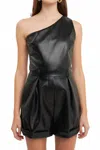 Endless Rose Faux Leather One Shoulder Romper In Black In Black