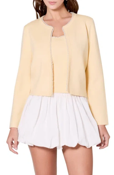 Endless Rose Faux Pearl Trim Cardigan In Butter