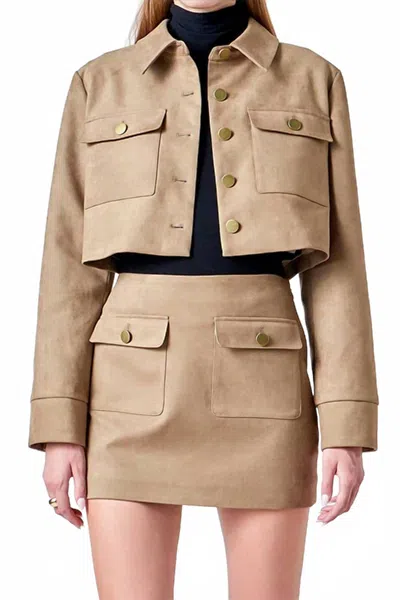 Endless Rose Faux Suede Cropped Jacket In Olive In Brown