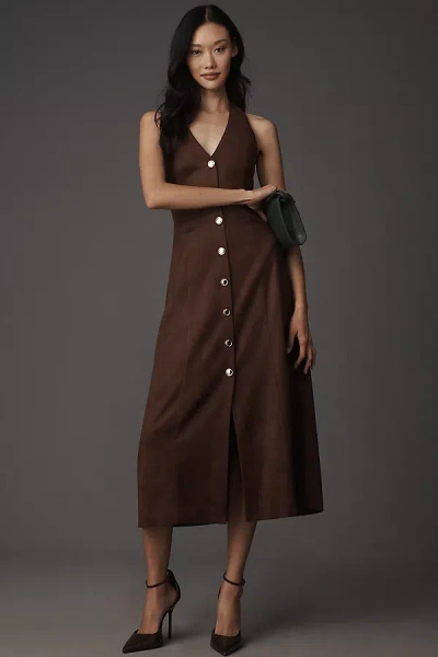 Endless Rose Faux-suede Halter V-neck Midi Dress In Brown